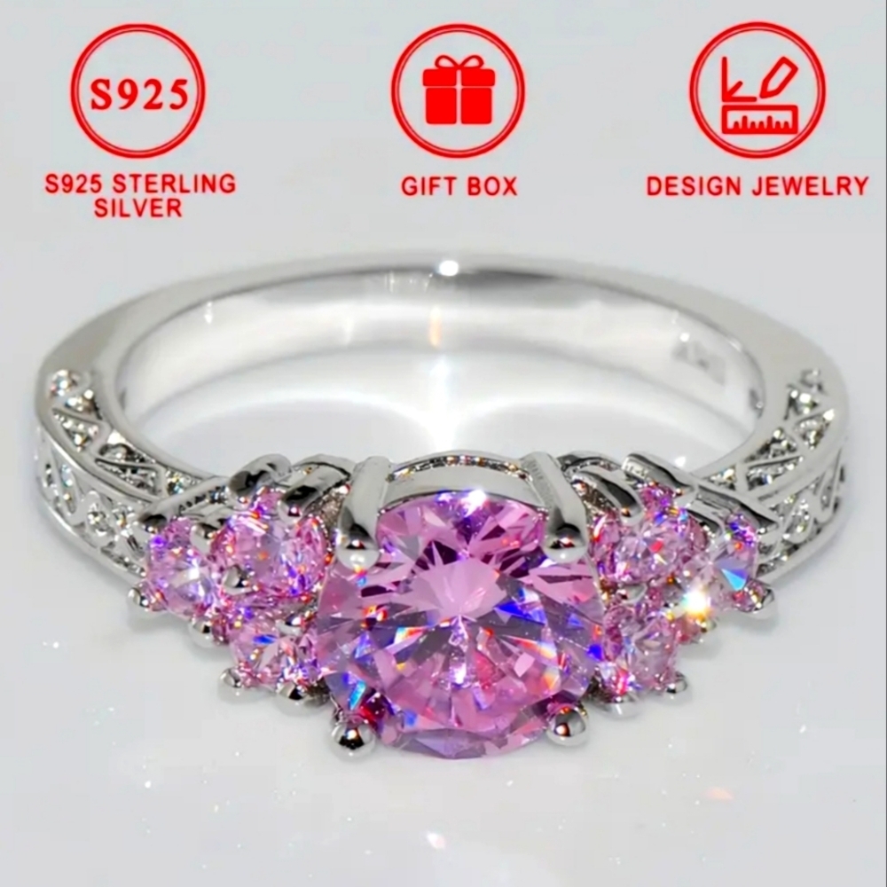 Ladies Sterling Silver Pink Gemstone Ring Sz 9
